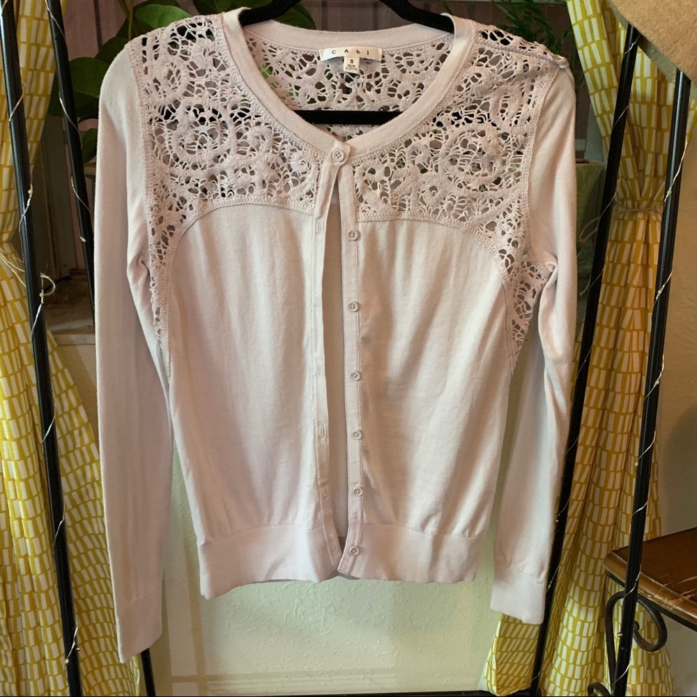 Women's CAbi Lace Yoke Cardigan in Lilac